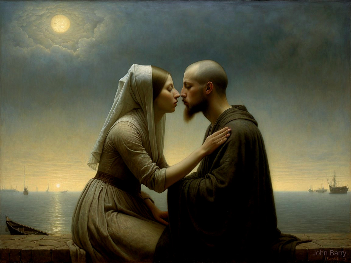 Twilight Scene by Water with Couple Sharing Moment