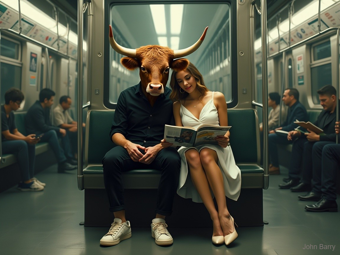 Surreal Scene of Subway Passengers and Unique Pair
