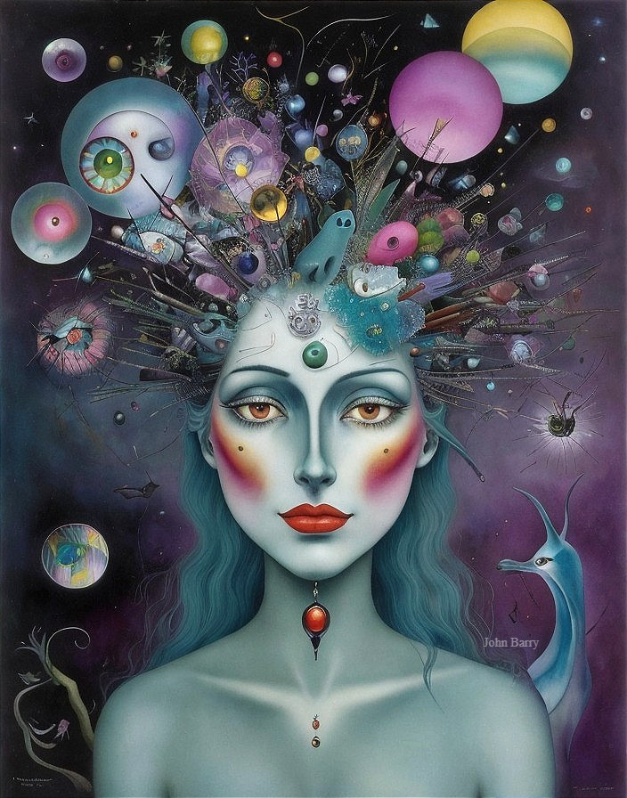 Surreal Artwork of Woman with Cosmic Elements and Flowers