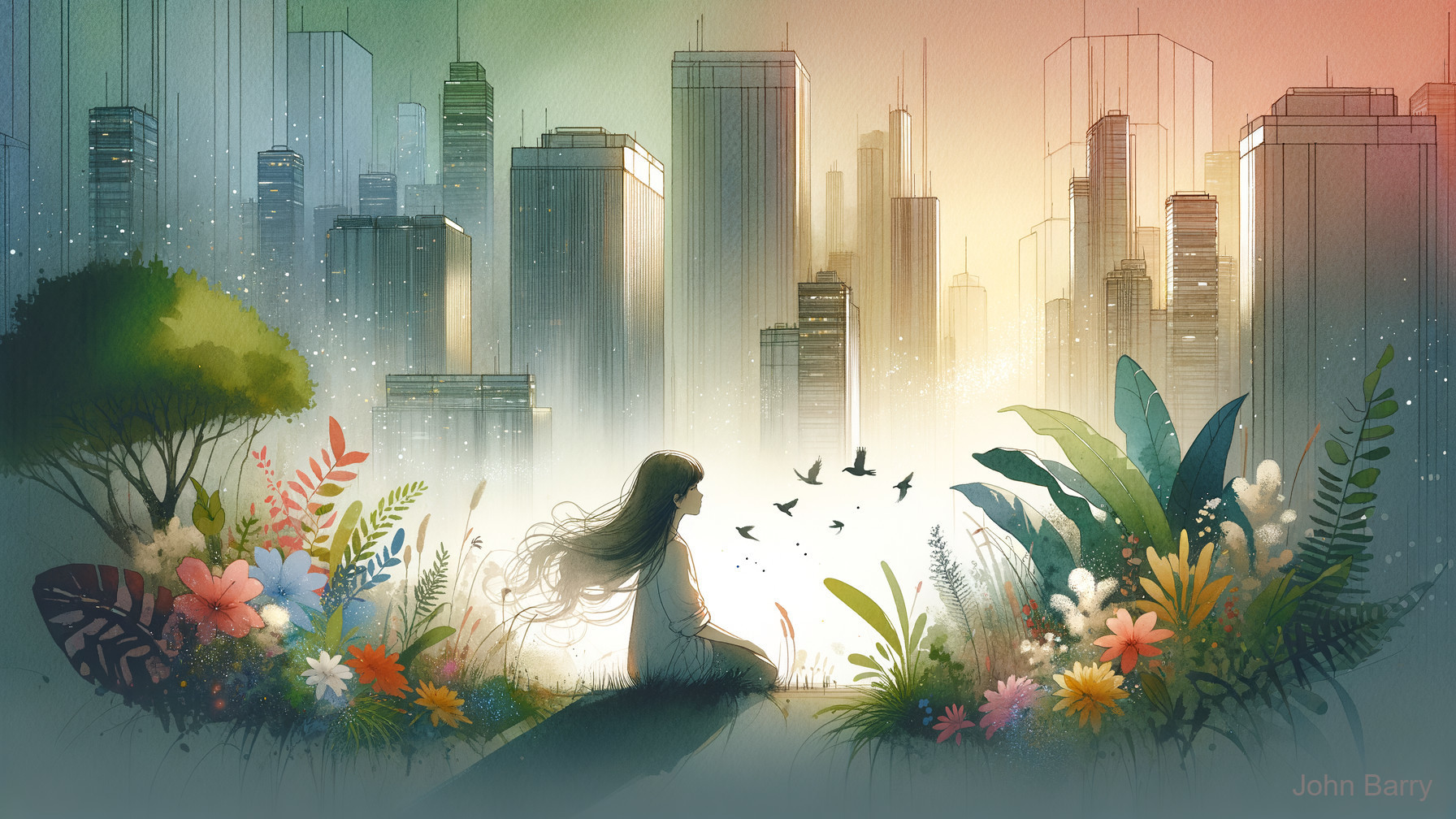 Girl in Nature with City Skyline at Sunset