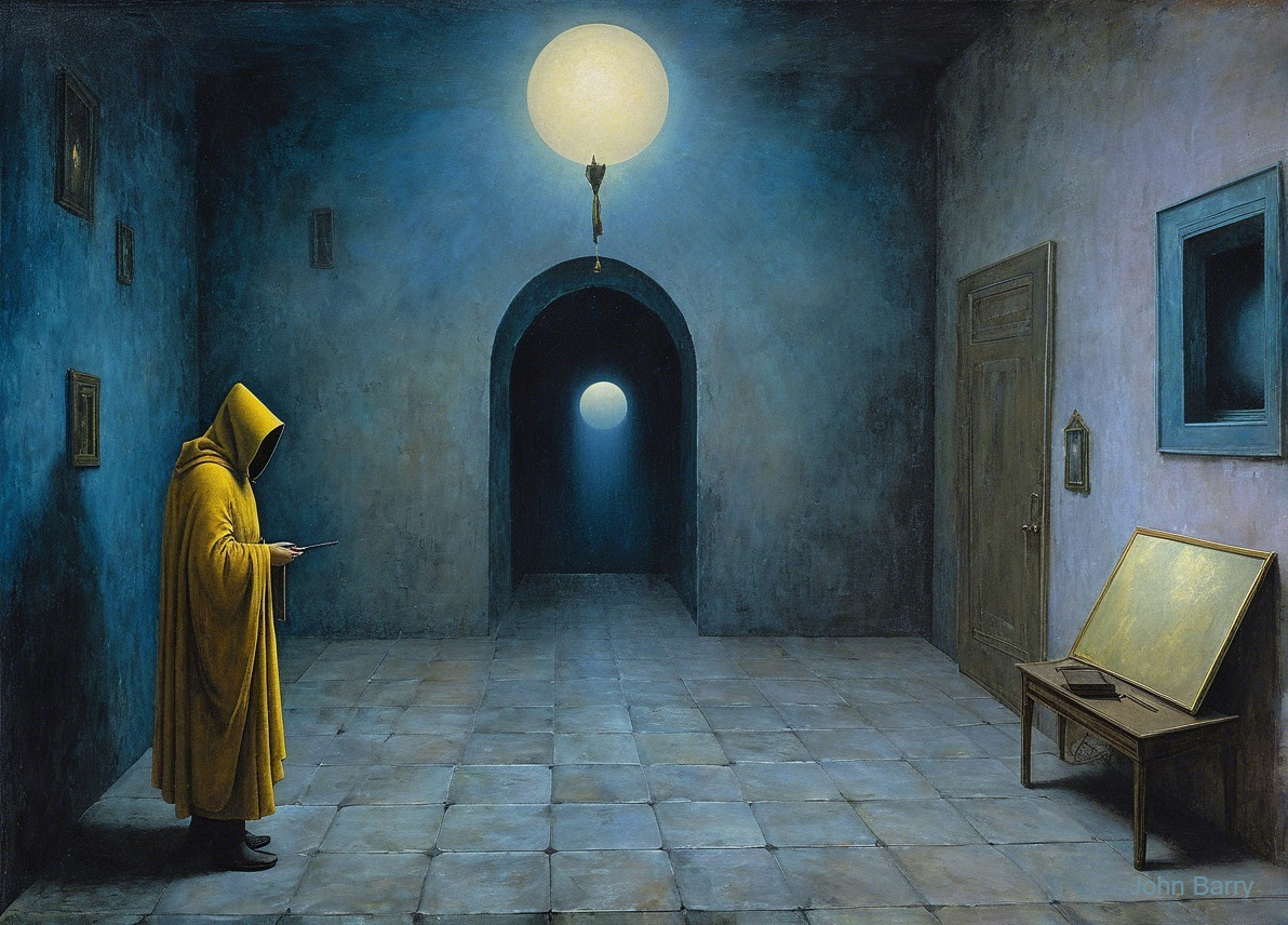 Cloaked Figure in Surreal Dimly Lit Space with Orb