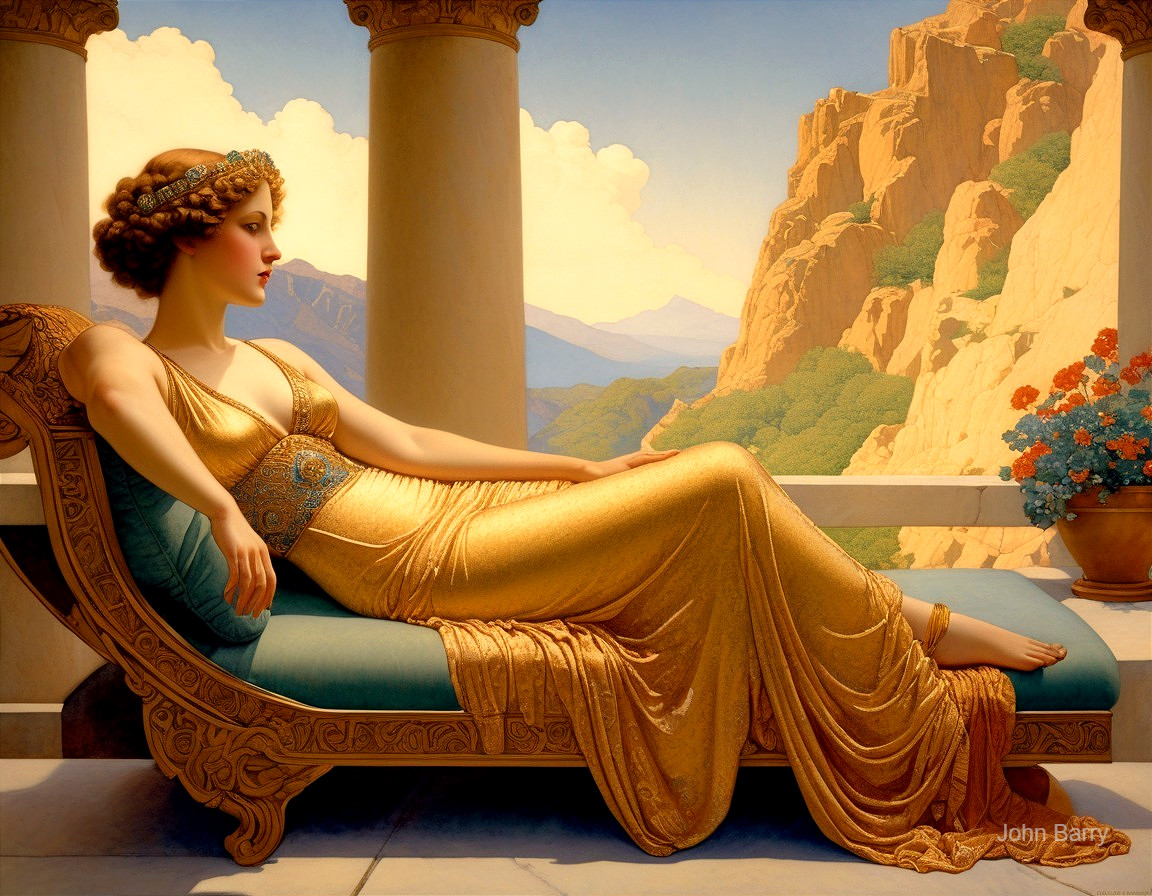 Elegant Woman in Golden Gown on Luxurious Couch