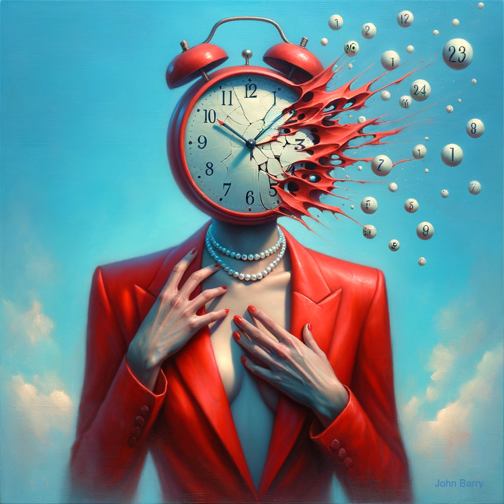 Surreal Figure in Red Suit with Clock Head and Pearls