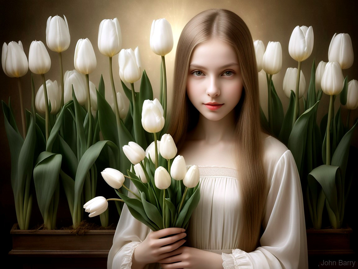 Young girl in white tulips with bouquet, serene scene