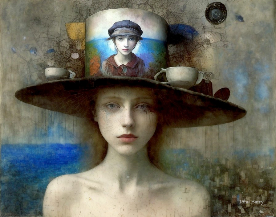 Surreal Portrait of Woman with Oversized Hat and Ocean