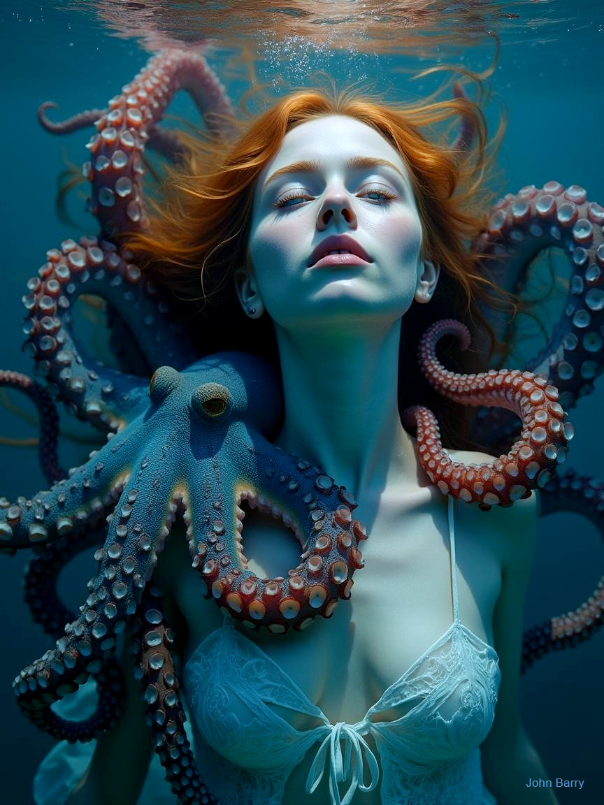 Underwater Scene with Woman and Colorful Octopus