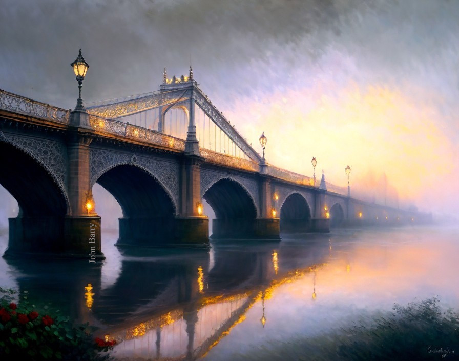 Ornate Bridge with Reflective Street Lamps at Dusk