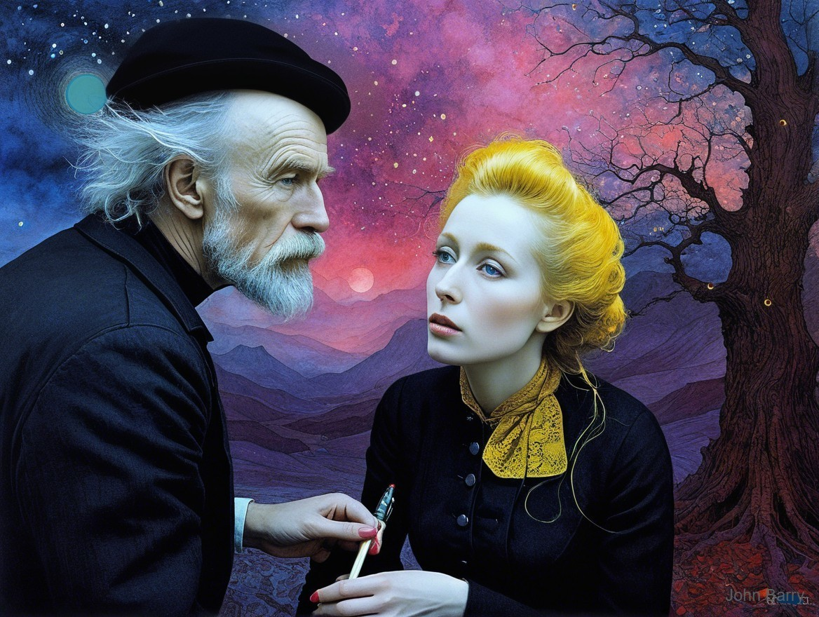 Surreal Scene of Elderly Man and Young Woman Connection
