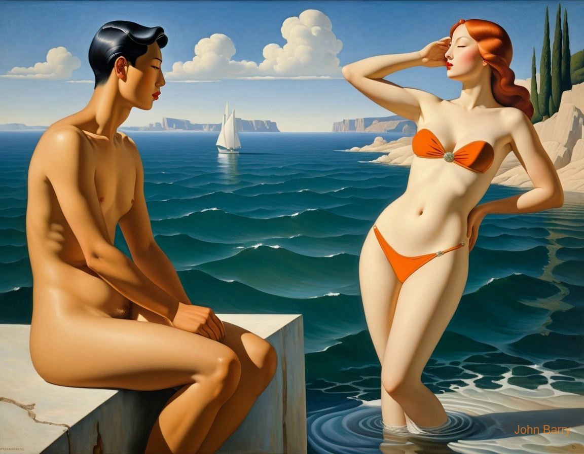 Serene Coastal Landscape with Figures and Sailboat