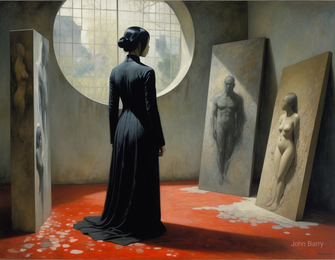 Woman in Black Dress Observing Sculpted Figures