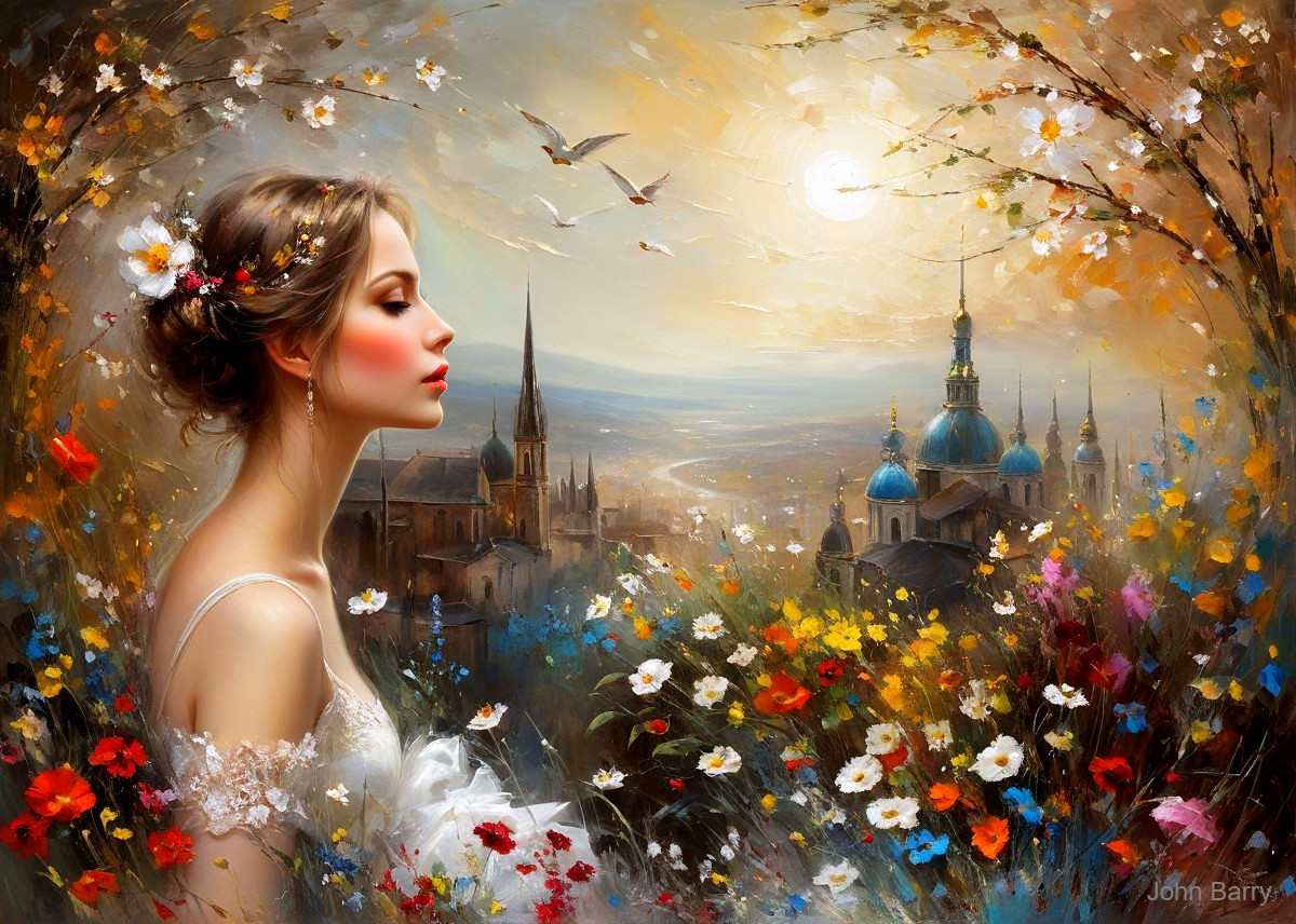 Serene Woman in Vibrant Floral Landscape with Cityscape