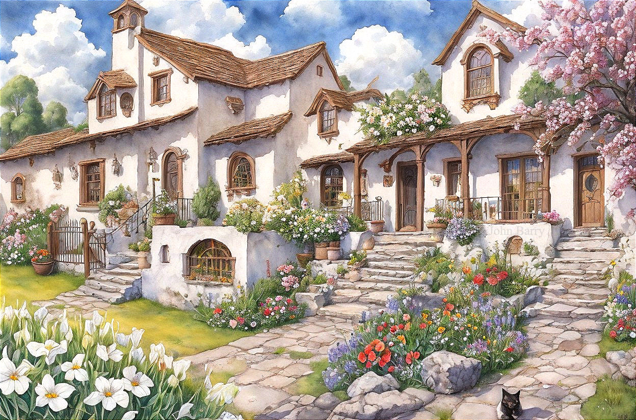 Sunlit Villa Surrounded by Vibrant Gardens and Greenery