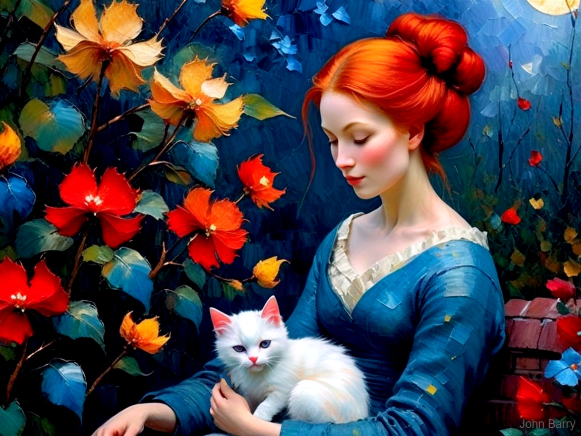 Woman with Red Hair in Flowers Under Moonlight