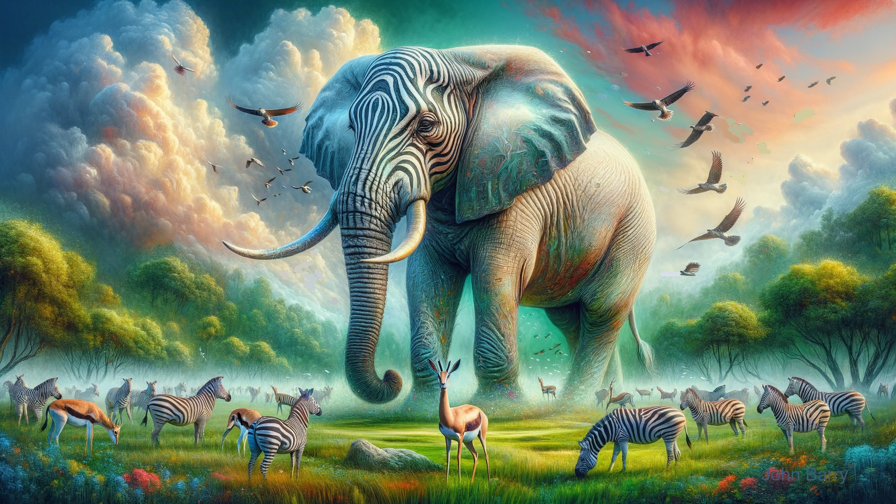 Majestic elephant with stripes in vibrant landscape