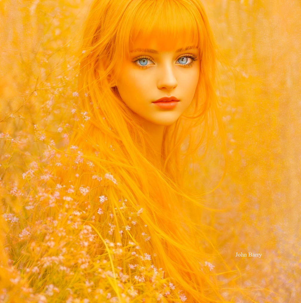 Young woman with blue eyes in a golden flower field