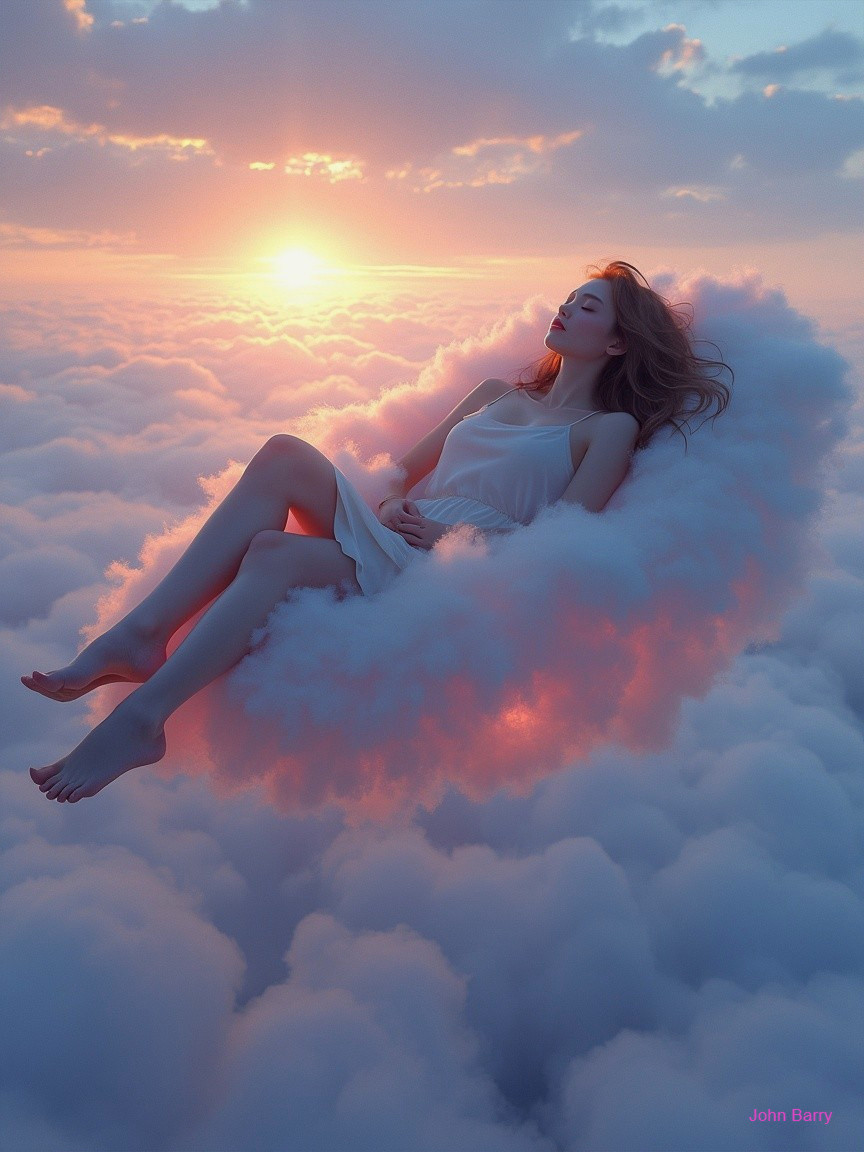Woman Reclining on Cloud in Dreamy Sunset Sky