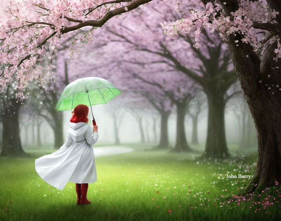 Person in White Coat Under Cherry Tree with Umbrella
