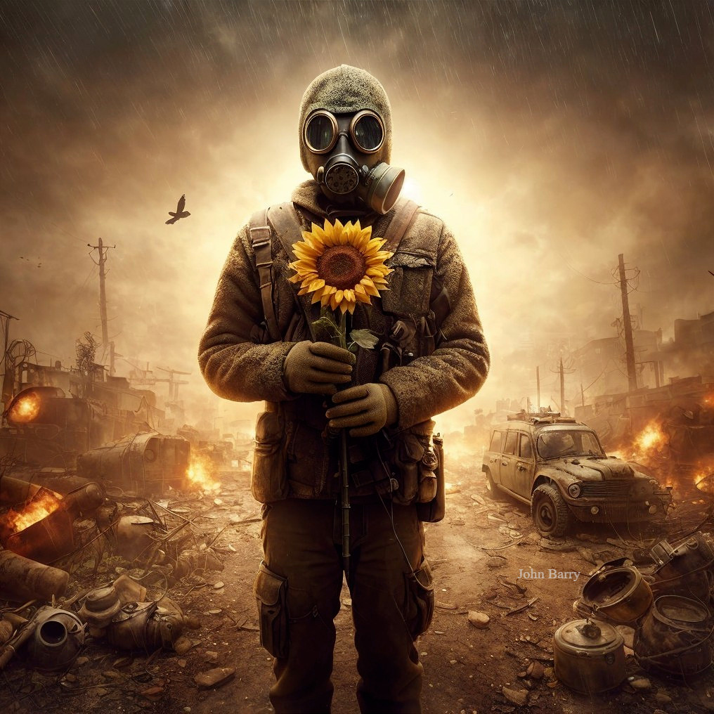 Post-Apocalyptic Scene with Hopeful Sunflower Symbol