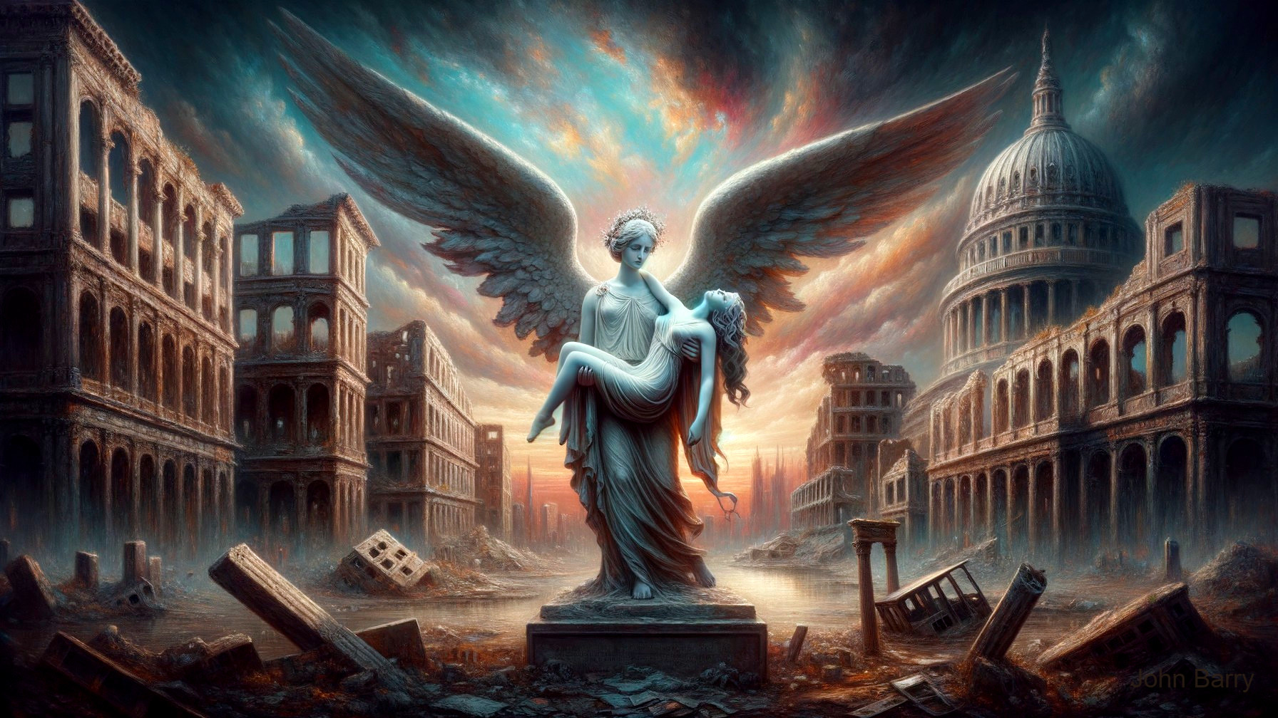 Majestic angel cradles figure in post-apocalyptic scene