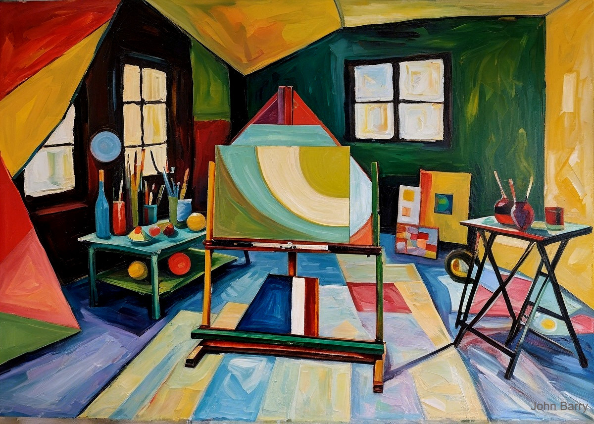 Vibrant Artist Studio with Bold Colors and Shapes