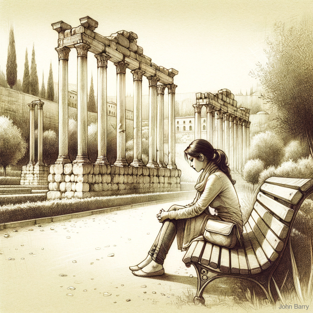 Young Woman in Sepia-Toned Ancient Ruins Scene