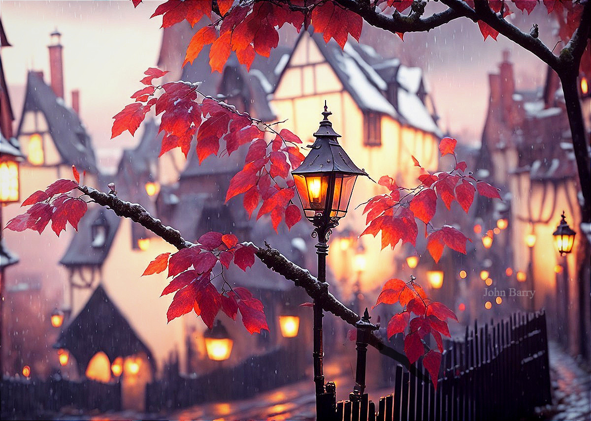 Winter Scene with Snow-Dusted Houses and Red Leaves