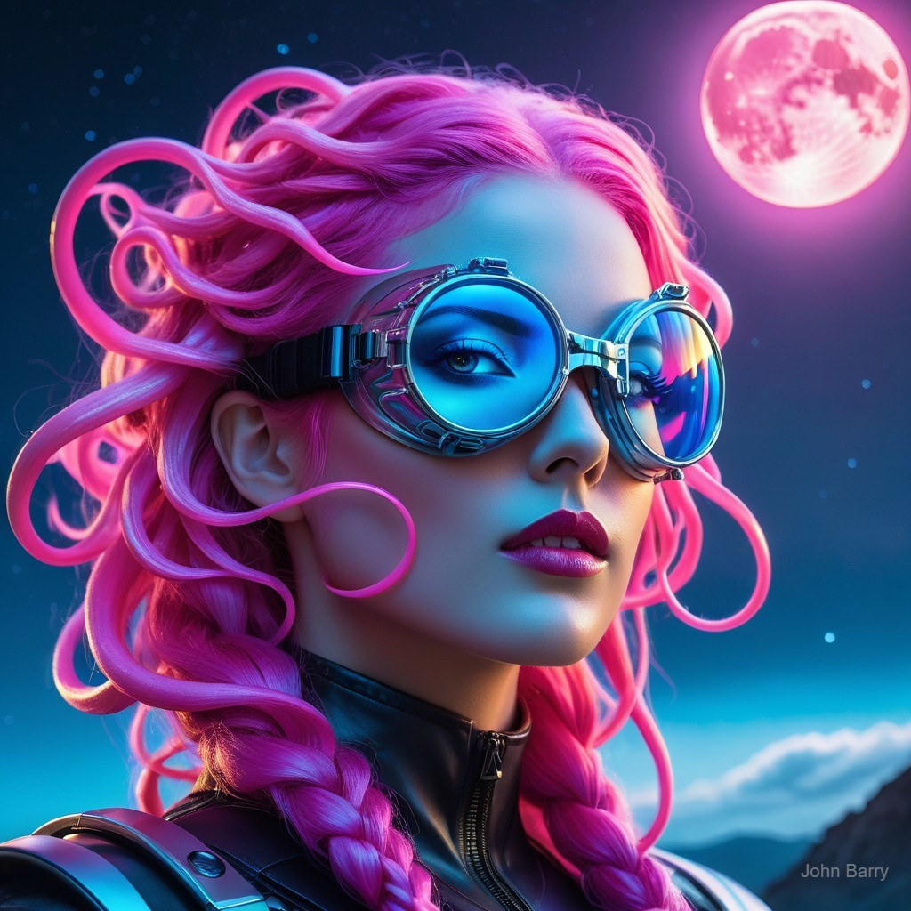 Vibrant Pink-Haired Figure in Sci-Fi Night Sky