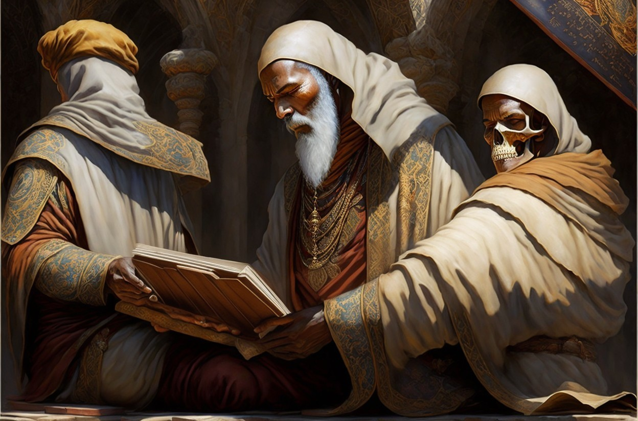 Three Figures Analyzing Ancient Tome in Stone Setting