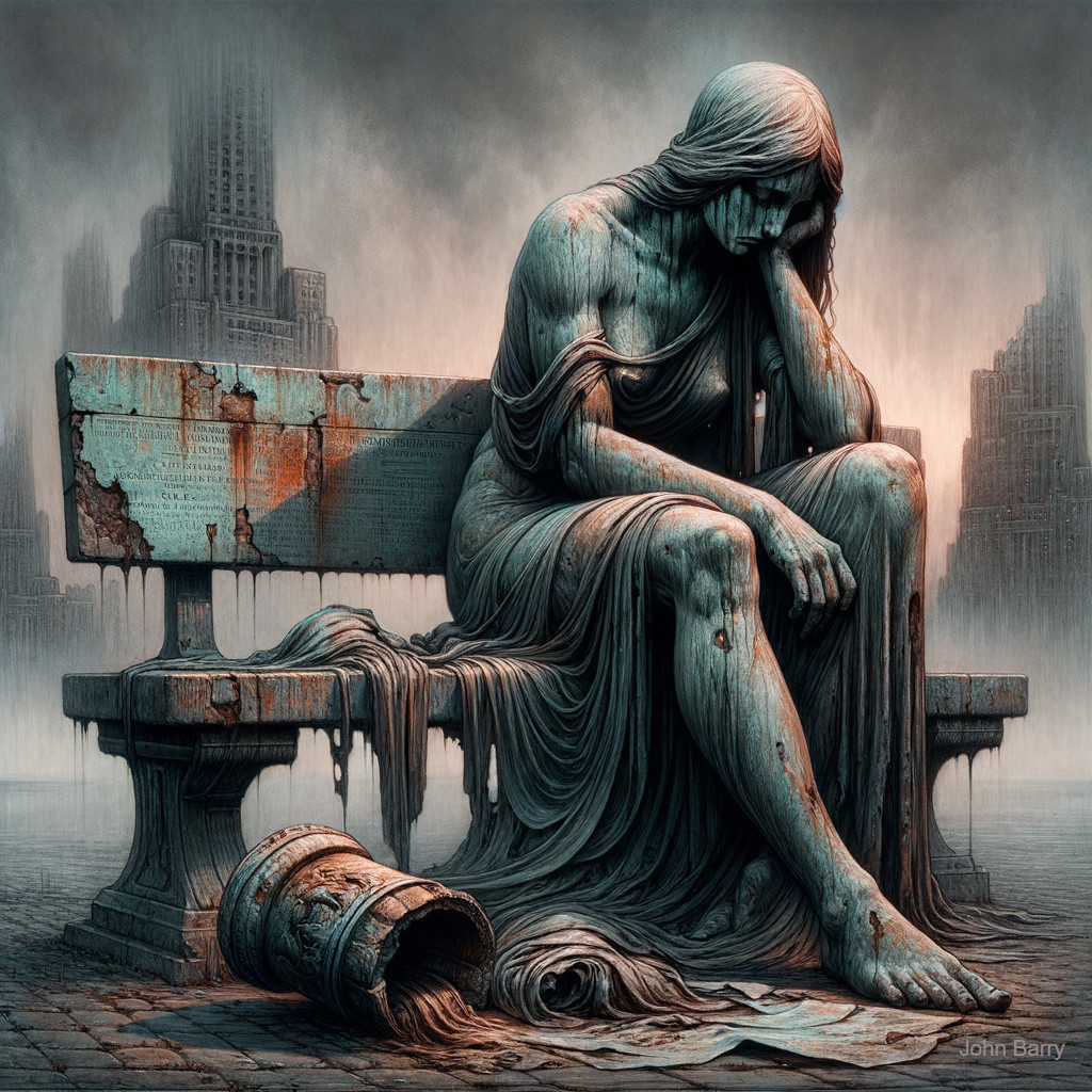 Melancholic statue of a woman in a decaying city