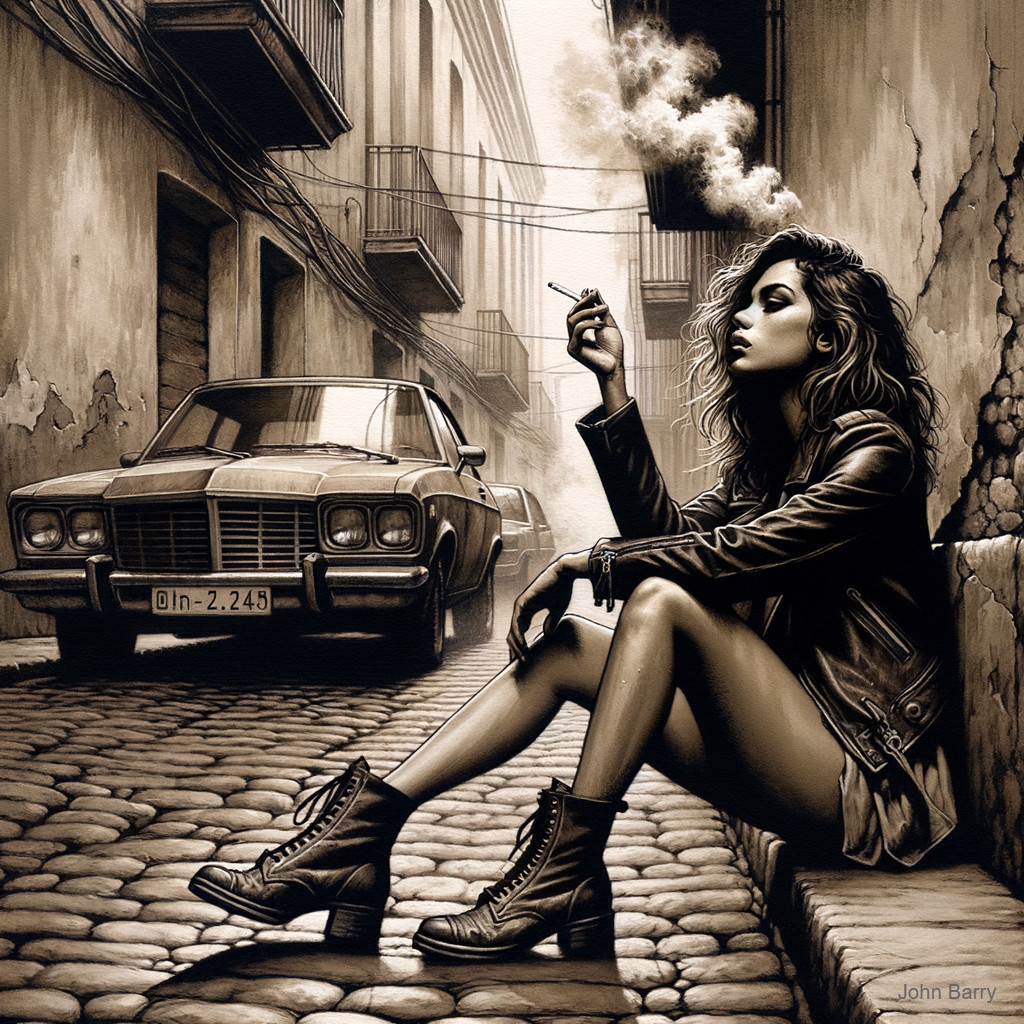 Young Woman in Leather Jacket on Cobblestone Street