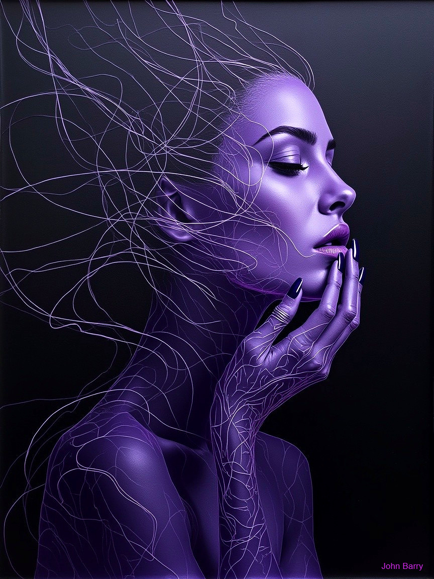 Female Figure in Purple with Ethereal Lines and Dark Background