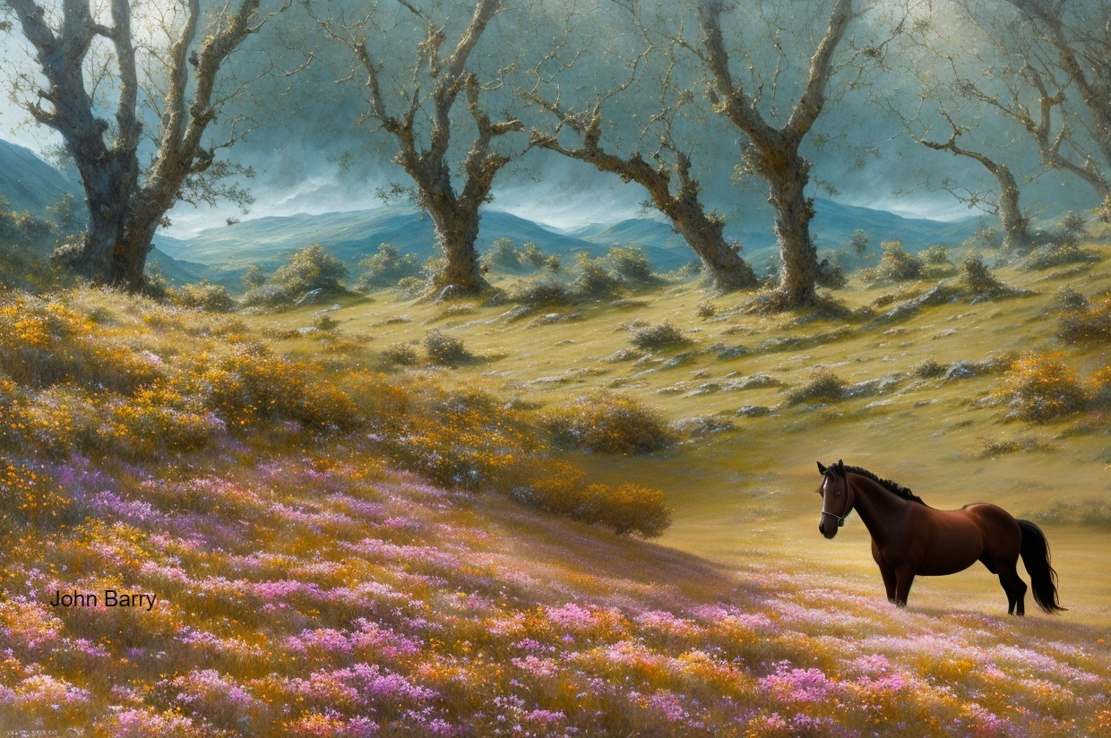 Tranquil Landscape with Horse in Purple Fields