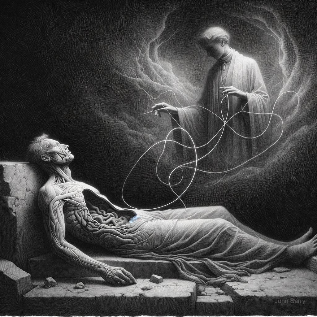 Surreal Scene of Lifeless Figure and Ethereal Presence