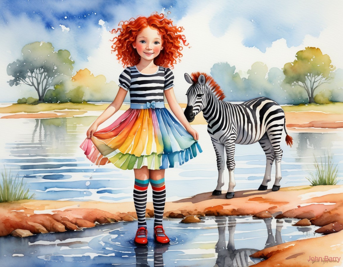 Cheerful girl with red curls by a serene pond