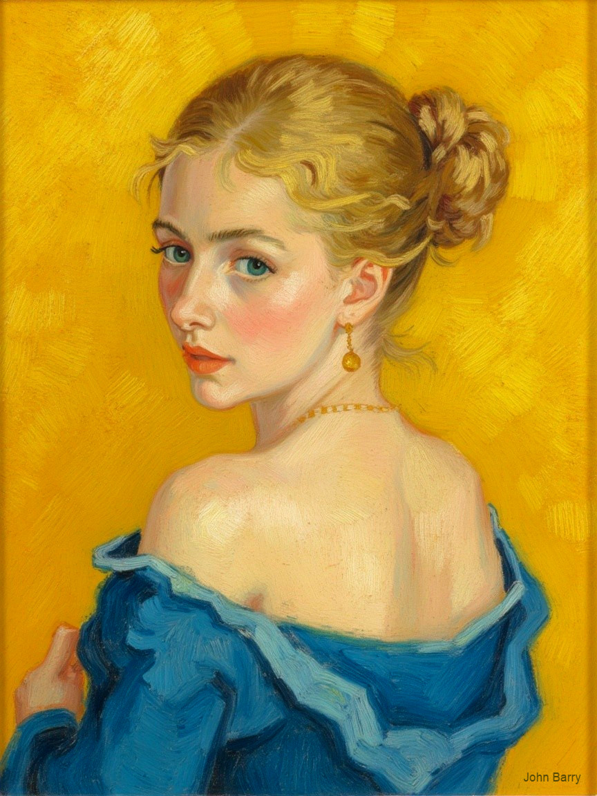 Portrait of a Young Woman with Blonde Hair and Blue Garment