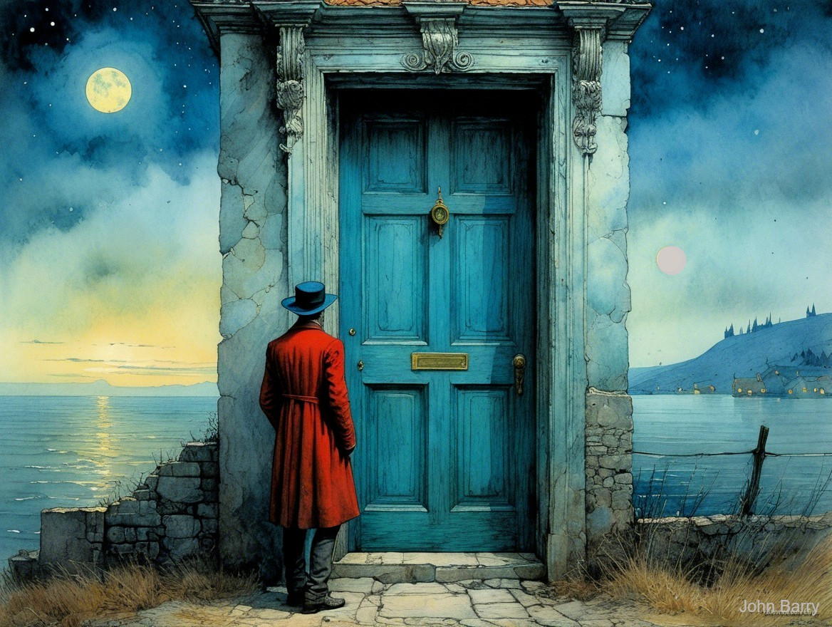 Figure in Red Coat by Blue Door at Twilight Sea
