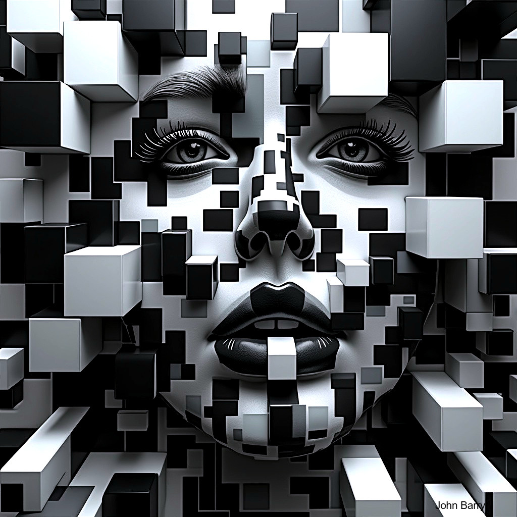 Stylized Human Face Dissolving into Black and White Cubes