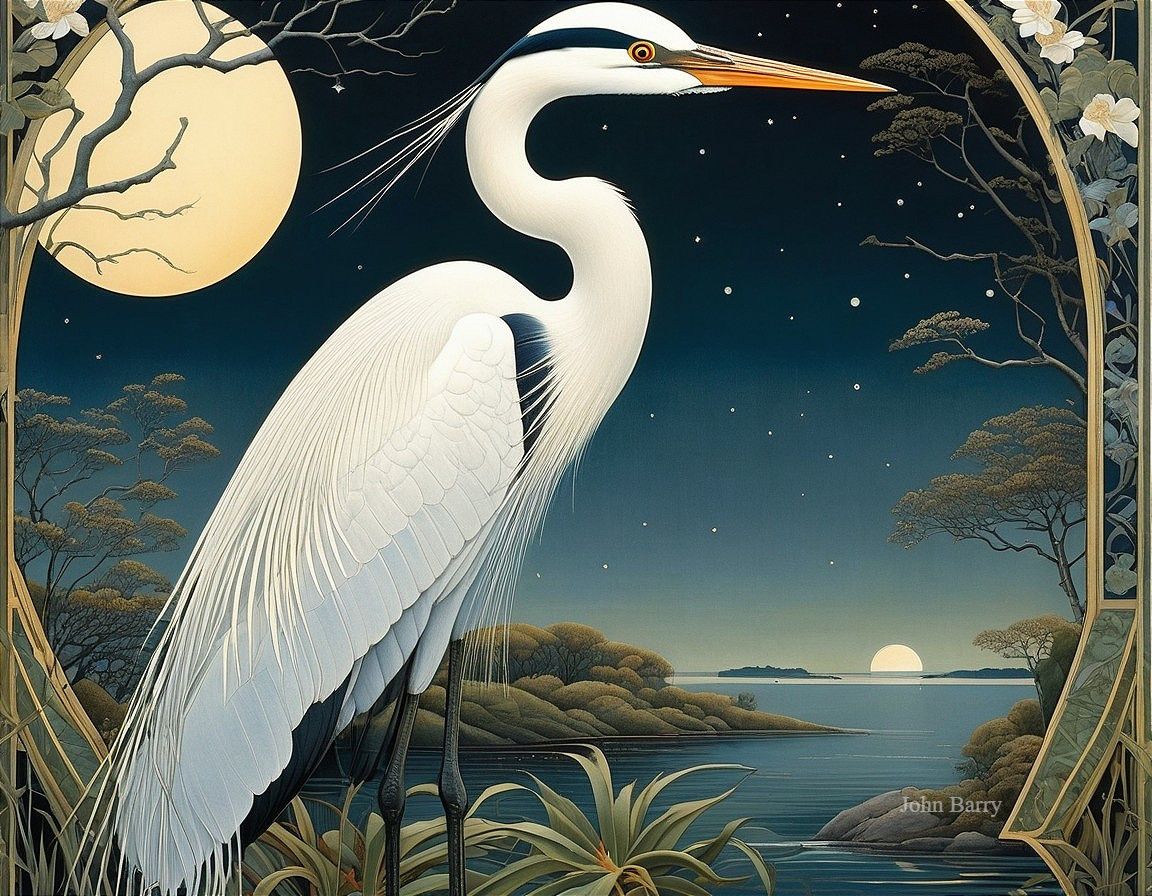 Heron in Twilight with Moonlight and Calm Waters