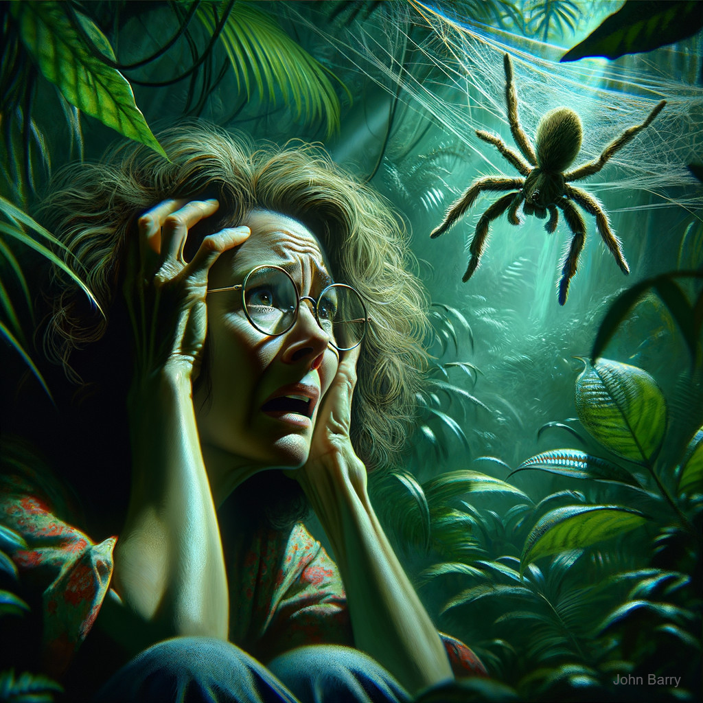 Woman in Jungle Reacts to Large Spider Above Her