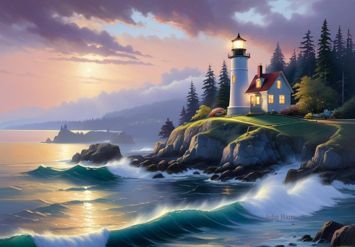 Coastal Scene with Lighthouse and Sunset Colors