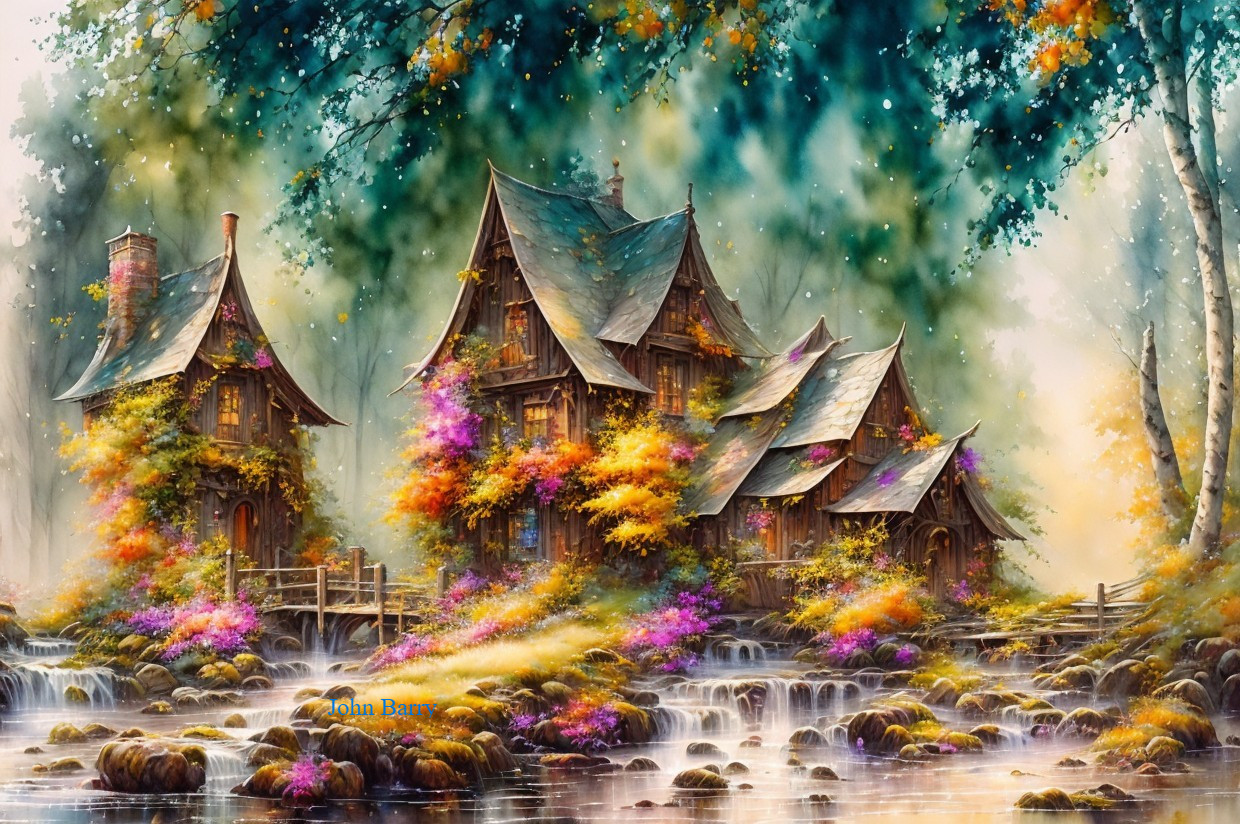 Whimsical Cottage in Vibrant Autumn Woodland Scene