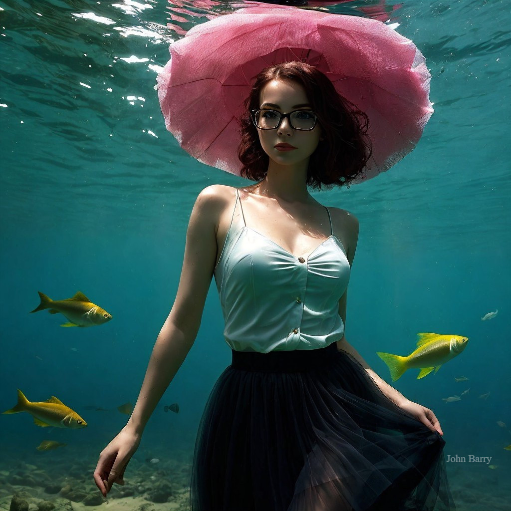 Young woman underwater with parasol and tropical fish