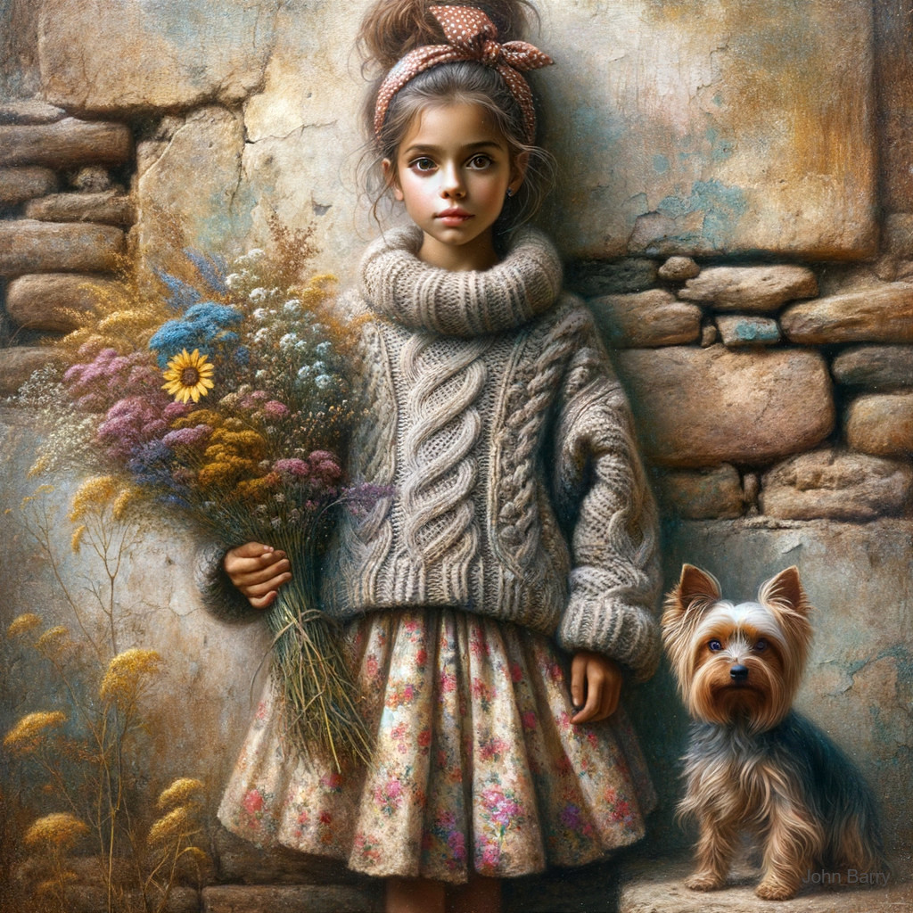 Young girl with wildflowers by a stone wall