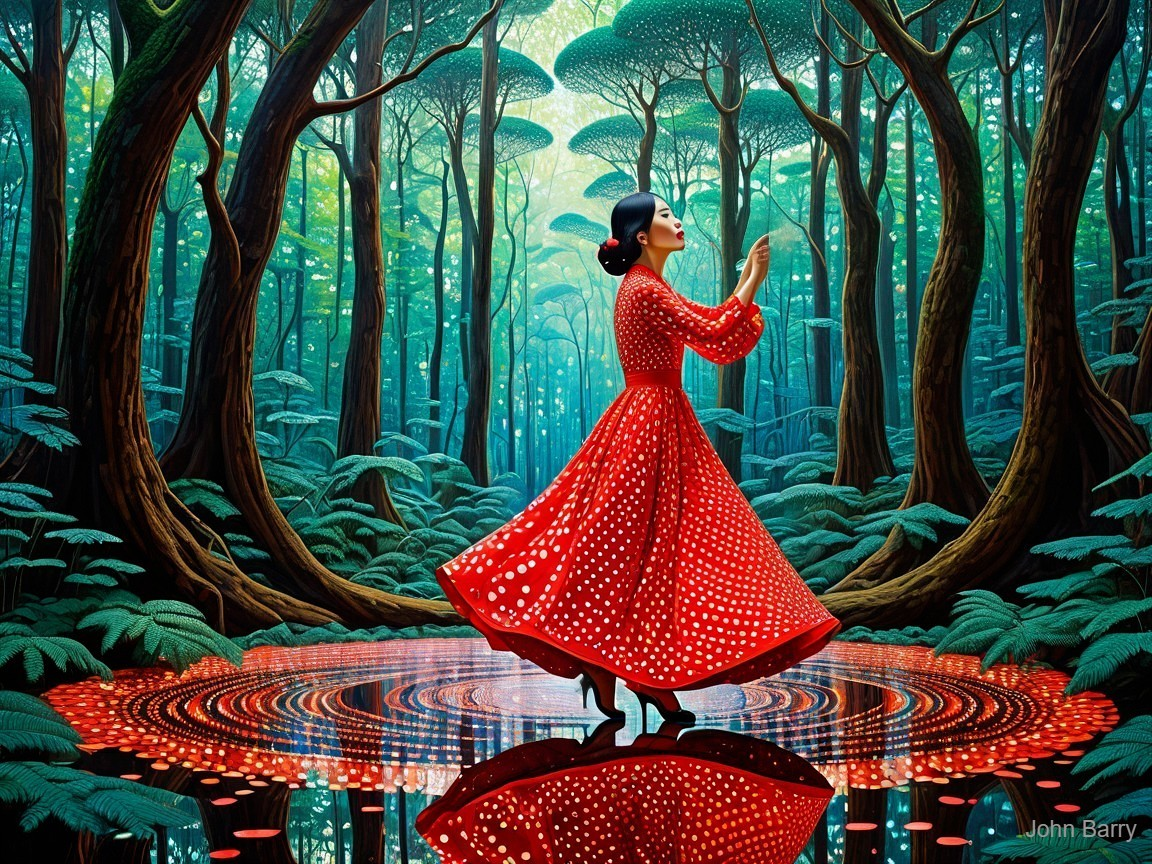 Woman in Red Dress Dancing in Enchanted Forest