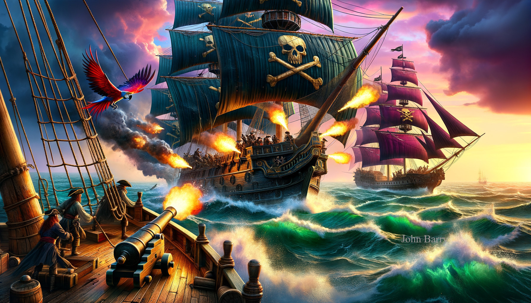 Pirate Battle at Sea with Ships and Cannons at Sunset