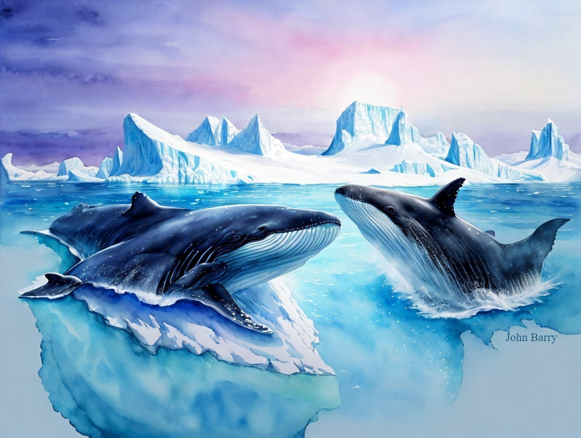 Orcas leaping in icy ocean with pastel sunset sky