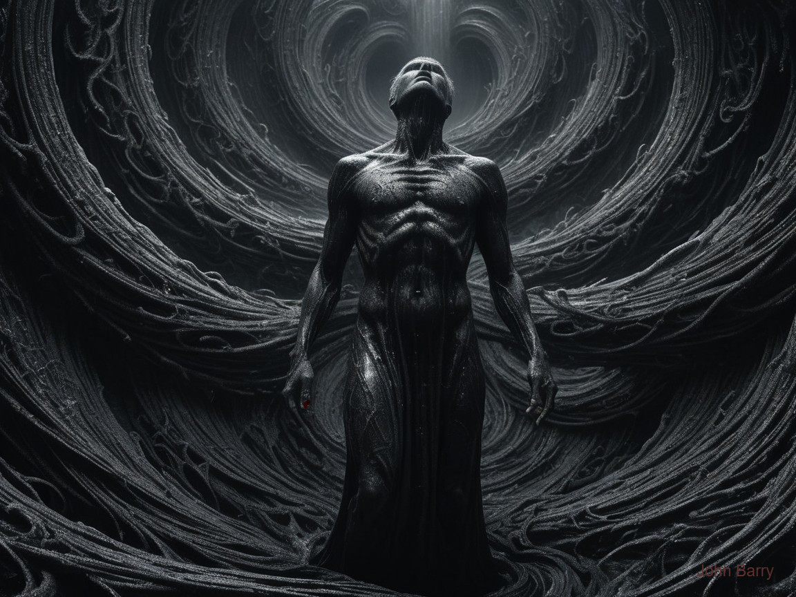 Surreal Dark Figure in Hypnotic Shadowy Environment
