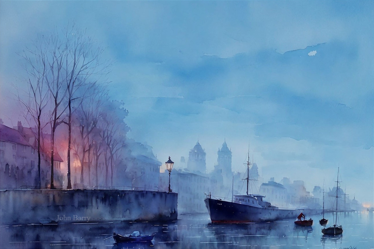 Misty Harbor Watercolor at Dawn with Silhouetted Boats