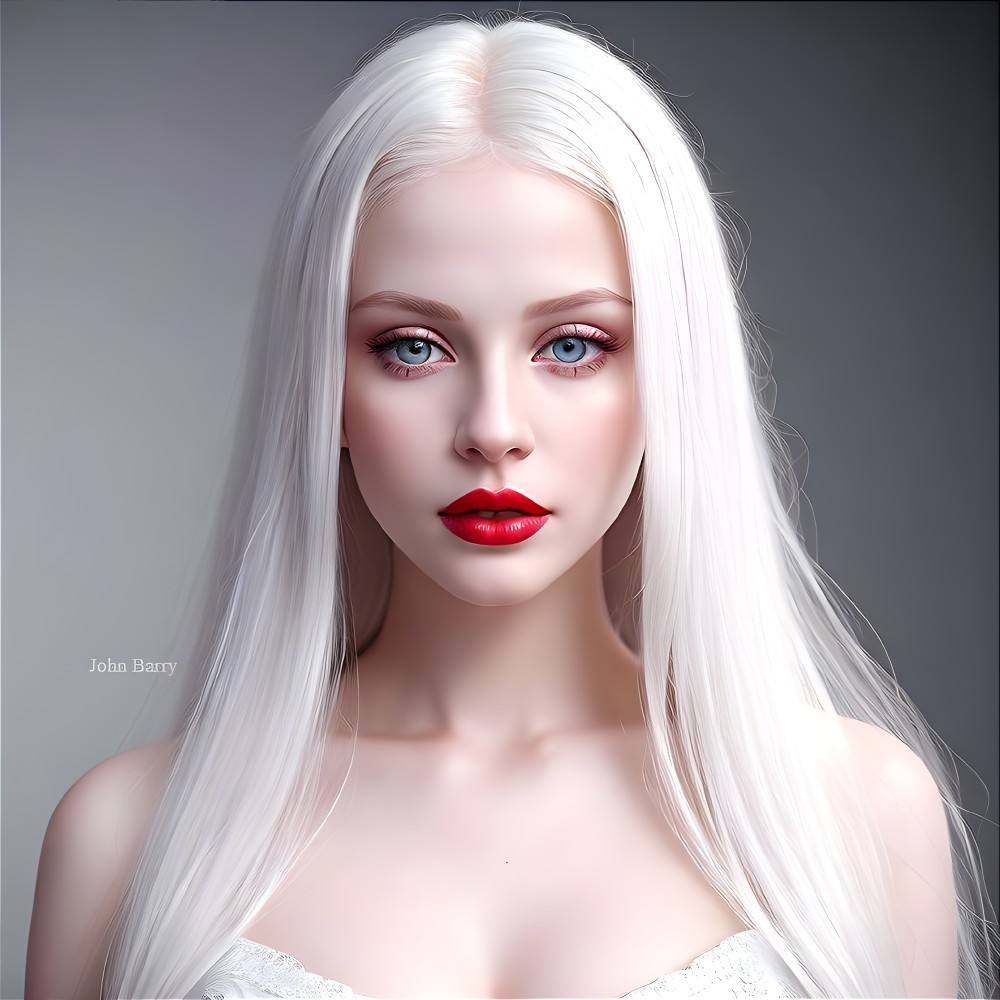 Portrait of a Young Woman with White Hair and Blue Eyes