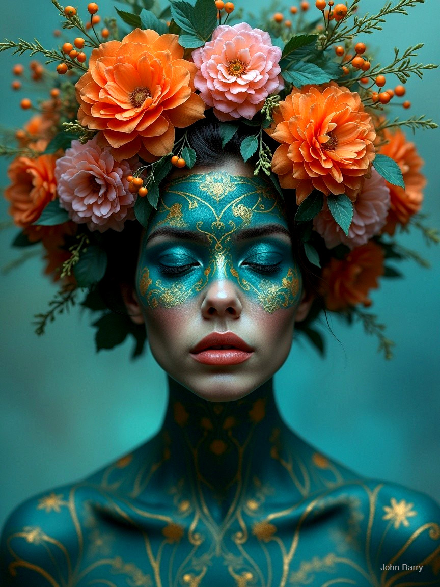 Teal Face Paint and Floral Crown with Serene Expression